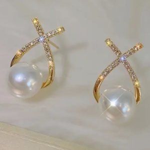 Faux Pearl and Zircon Stud Earrings